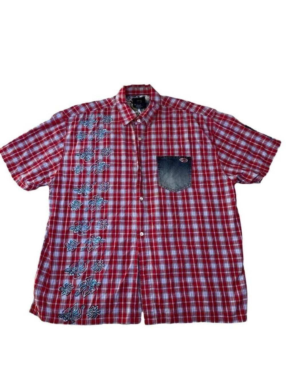 Vintage Bugle Boy Men Extra Large Red Blue Plaid Short Sleeve Shirt Denim Pocket